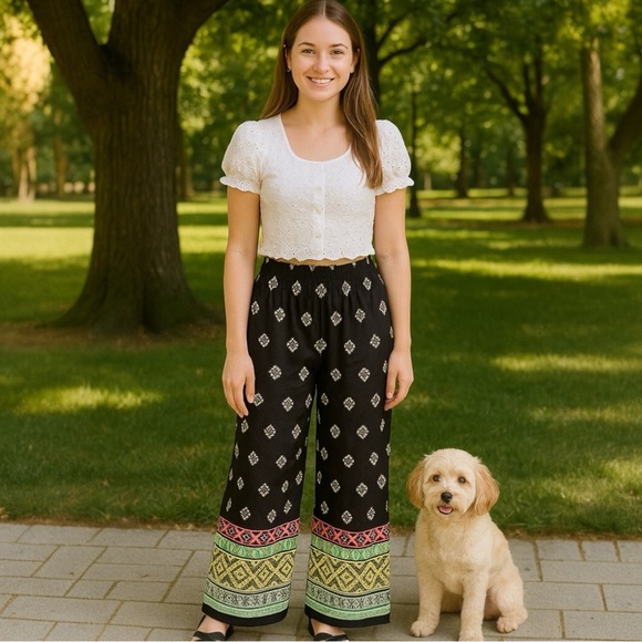 Smocked High Waist Palazzo Pants Size XS NEW Boho Hippie Festival Flowy Resort - Picture 1 of 7